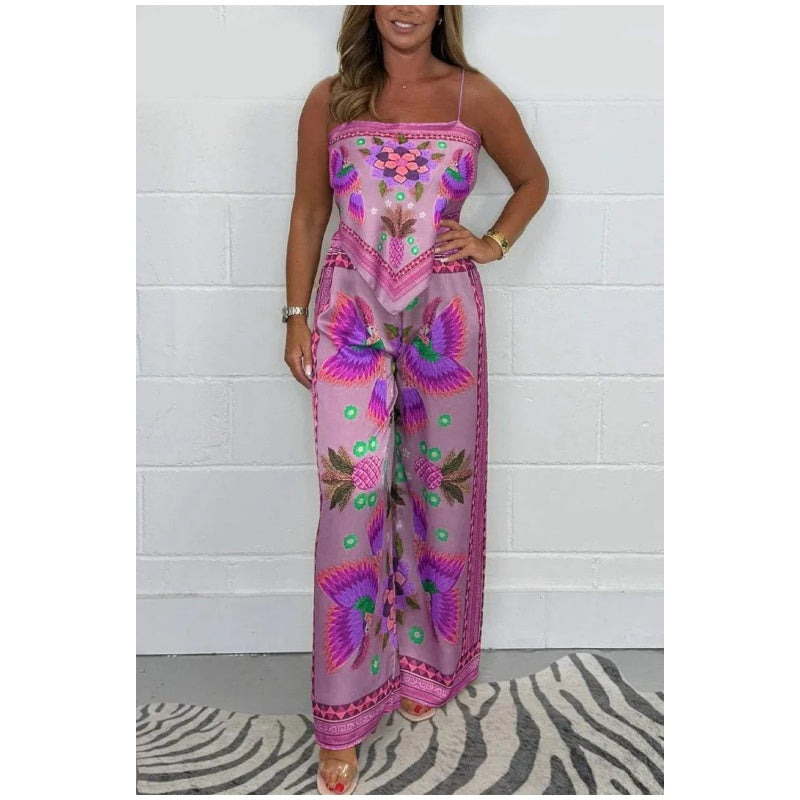 🔥New Arrival 50% OFF⚡50K+ SOLD!💝Spaghetti Strap Printed Top & Loose Women's Pants 2-Piece Set