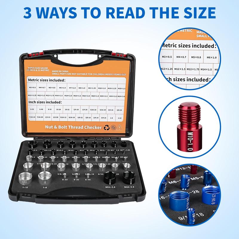 🔥44Pcs Alloy Nut and Bolt Thread Inspector, Charge-Free Thread Gauge, Metric and SAE Size Identification Tool for Inspection of Fixed Bolts or Threaded Holes