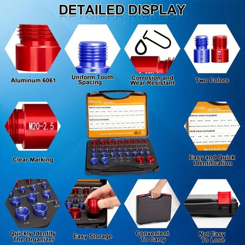 🔥44Pcs Alloy Nut and Bolt Thread Inspector, Charge-Free Thread Gauge, Metric and SAE Size Identification Tool for Inspection of Fixed Bolts or Threaded Holes