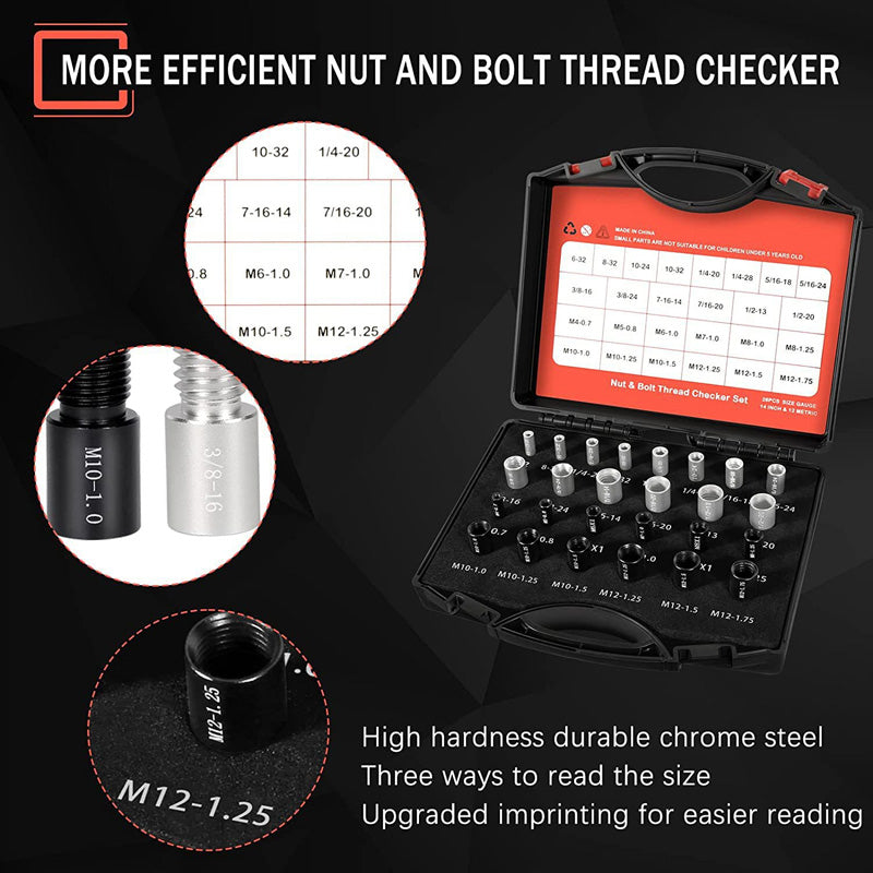 🔥44Pcs Alloy Nut and Bolt Thread Inspector, Charge-Free Thread Gauge, Metric and SAE Size Identification Tool for Inspection of Fixed Bolts or Threaded Holes