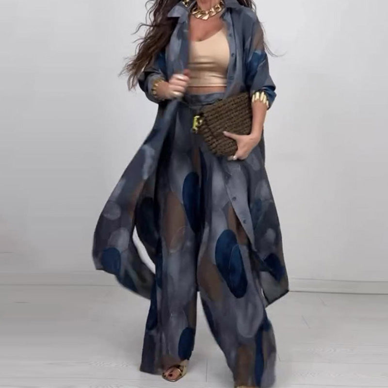 🌤️🌤️Fashionable 2-piece set with print: long-sleeved blouse and wide-leg trousers