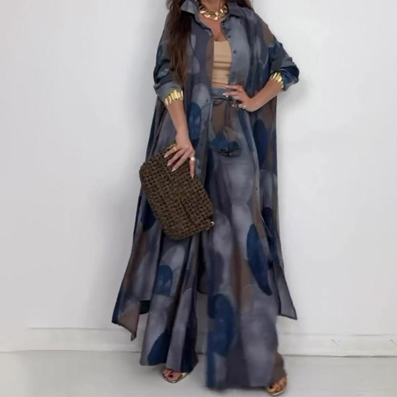 🌤️🌤️Fashionable 2-piece set with print: long-sleeved blouse and wide-leg trousers