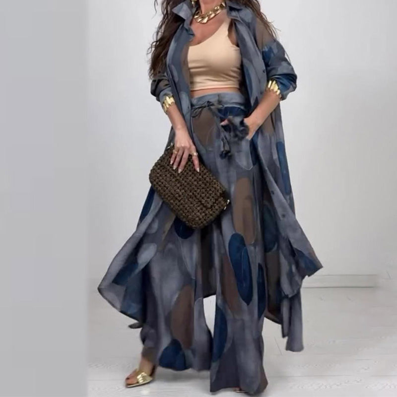 🌤️🌤️Fashionable 2-piece set with print: long-sleeved blouse and wide-leg trousers