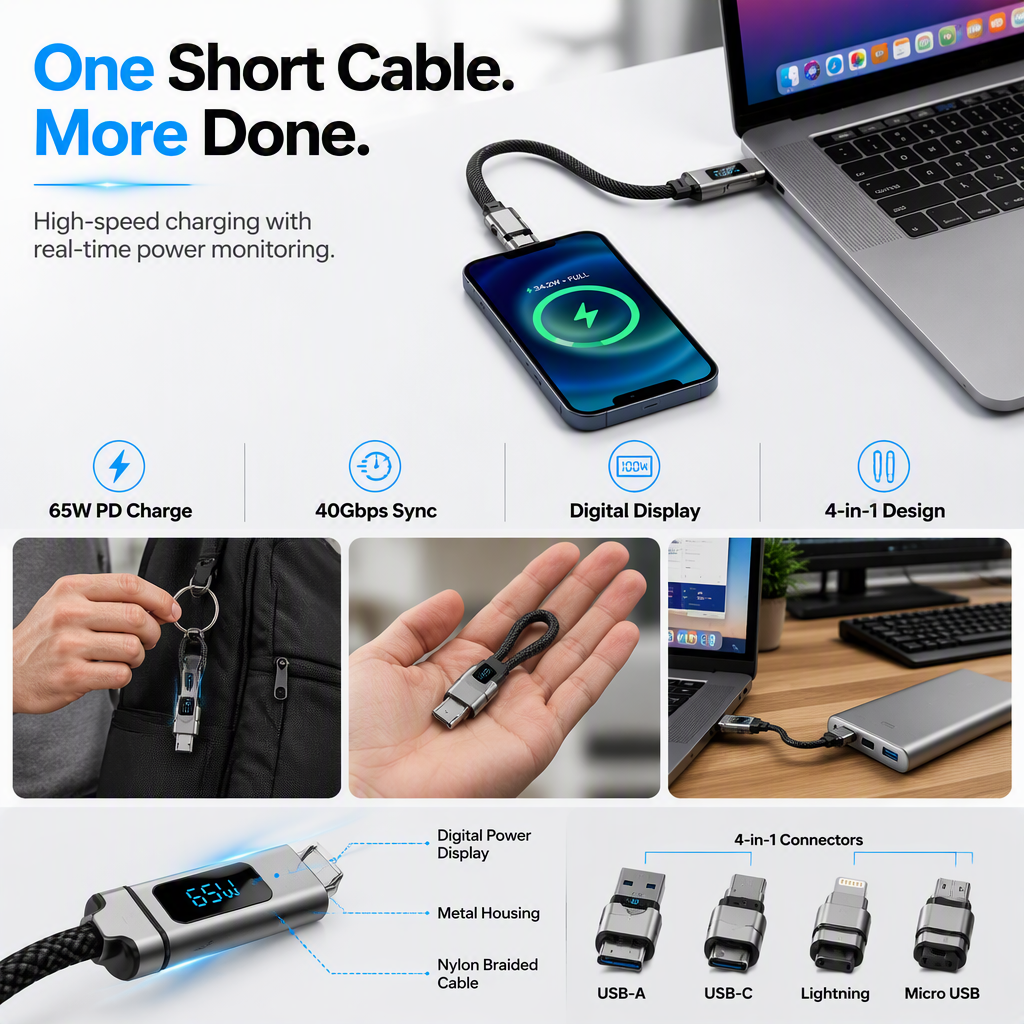 ⏳Time-Limited Special⏰4-in-1 Charging Cable with Digital Display & Keychain – Fast-Charging, Kink-Resistant & Compact