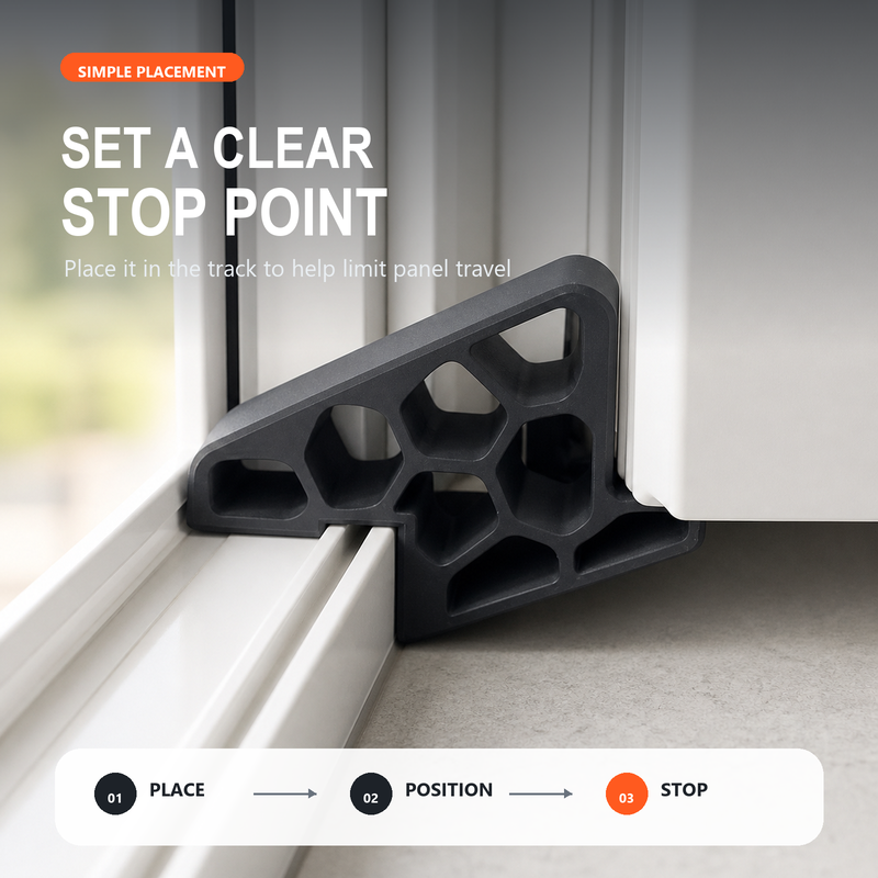 🥳Secure Track Door Stop – Absorbs impact, reduces slamming & protects rails. Compact locking design – fits sliding windows & balcony doors! 🛡️🔇