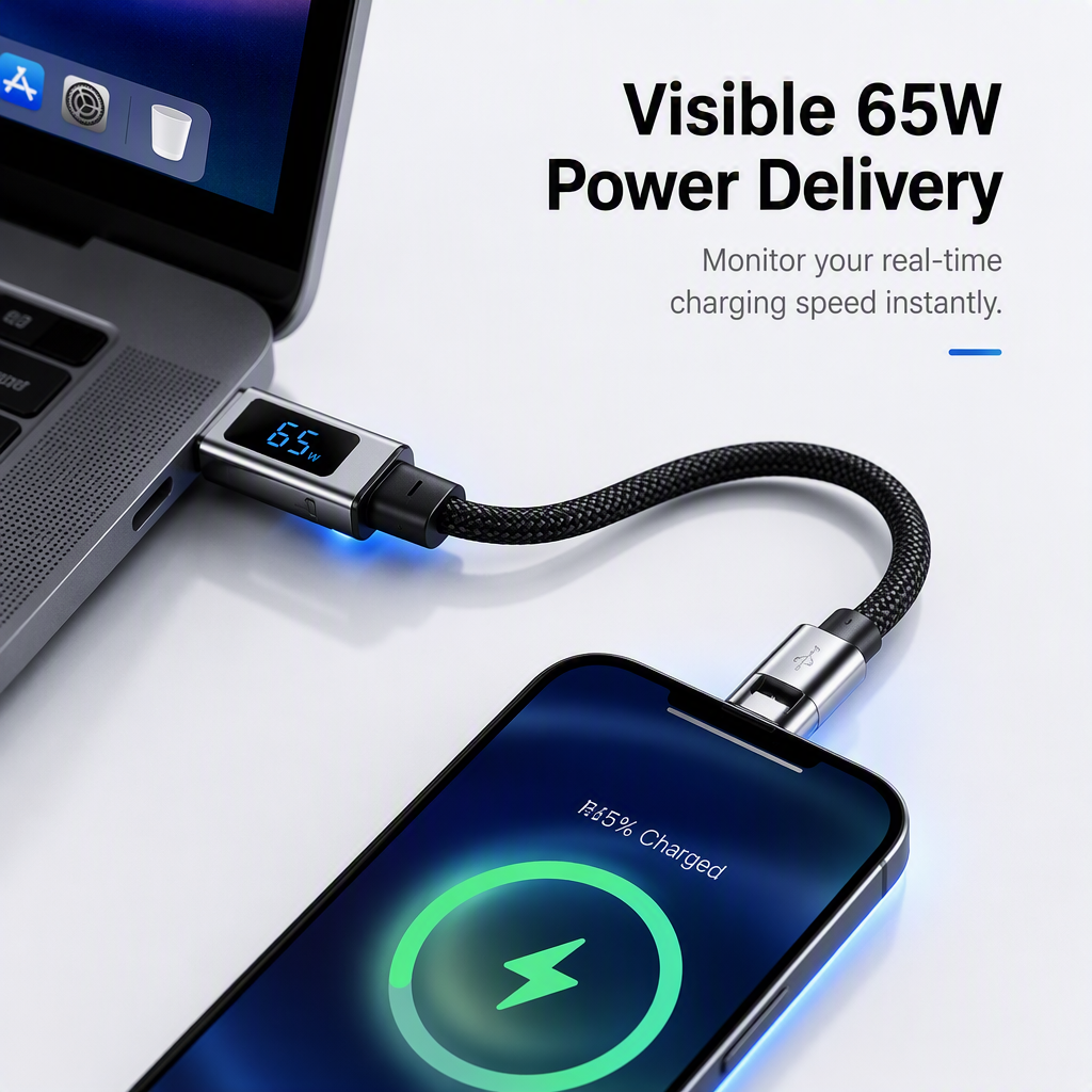⏳Time-Limited Special⏰4-in-1 Charging Cable with Digital Display & Keychain – Fast-Charging, Kink-Resistant & Compact