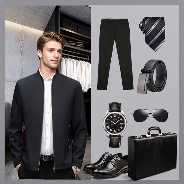 👑Essential Business Suit👑 Men's Standing Collar Zipper Casual Jacket+Credit card case