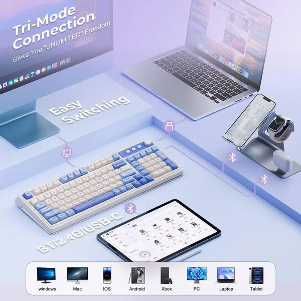 AULA S99 Key Keyboard, Tri-Mode Bluetooth/2.4GHz/USB-C Cute Creamy Gaming Keyboard with Number Pad RGB Backlit
