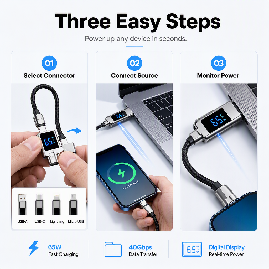 ⏳Time-Limited Special⏰4-in-1 Charging Cable with Digital Display & Keychain – Fast-Charging, Kink-Resistant & Compact