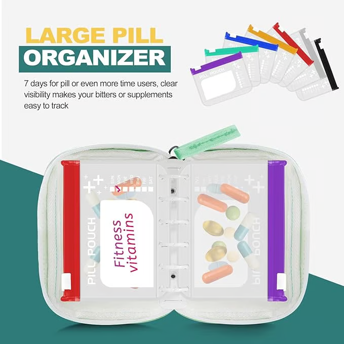 💊 A8 Waterproof Pill Organizer – 14 Large Zippered Pouches for A8 Binder