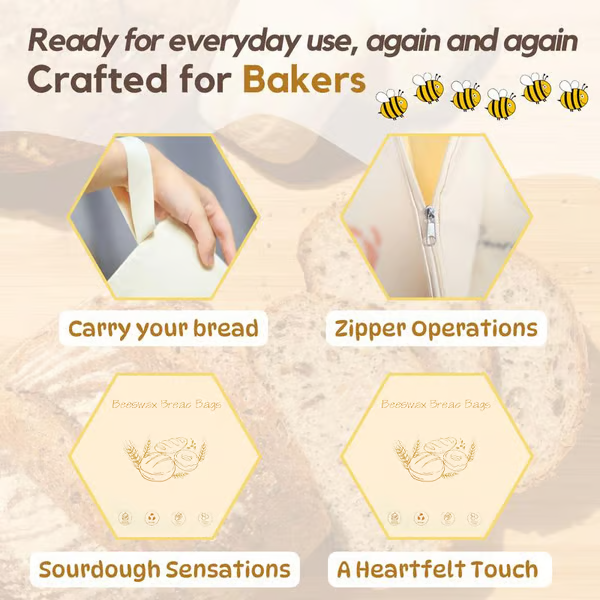 🍞Wide Zipper Access Cotton & Beeswax Bread Bags for Sourdough✨