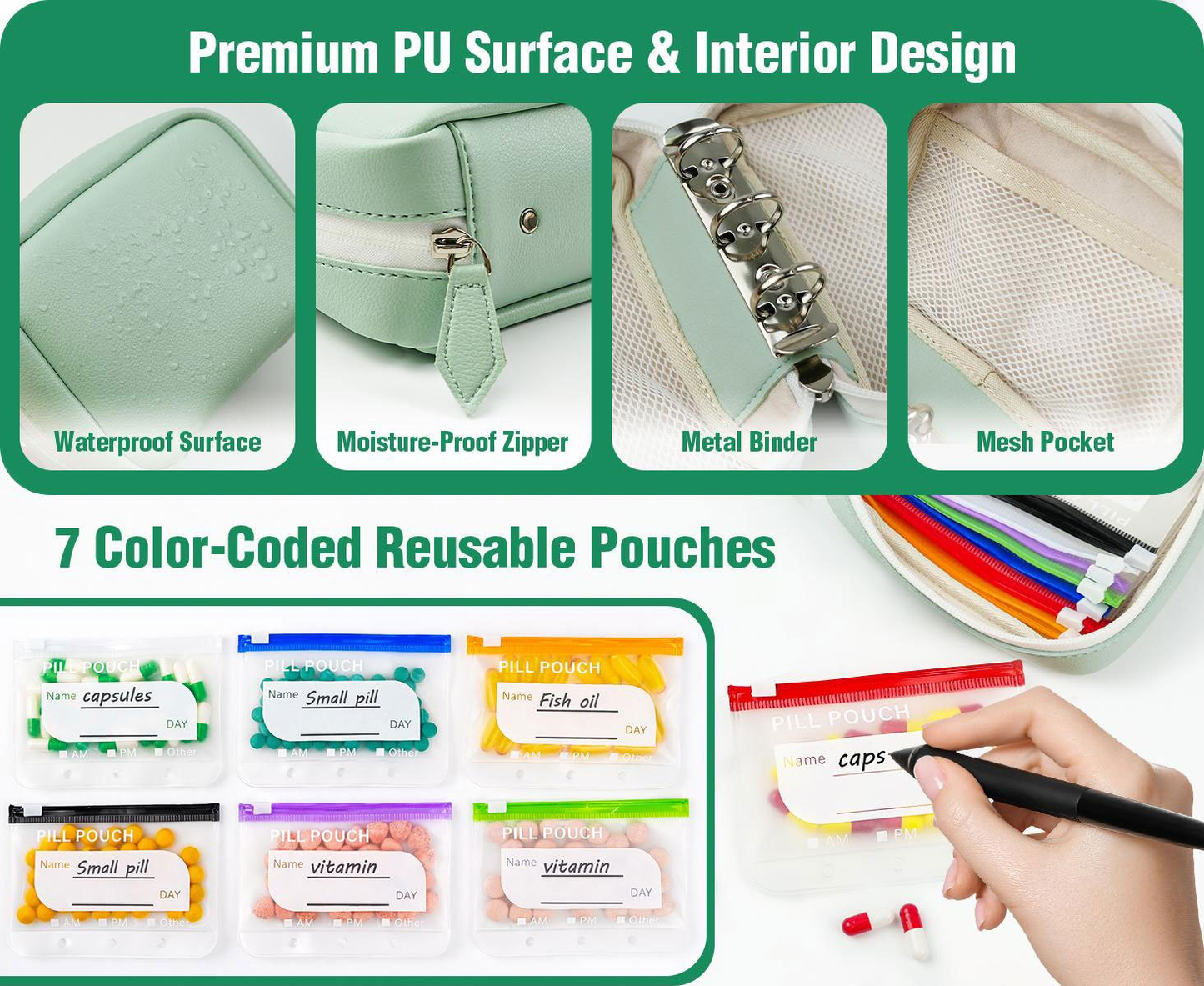 💊 A8 Waterproof Pill Organizer – 14 Large Zippered Pouches for A8 Binder