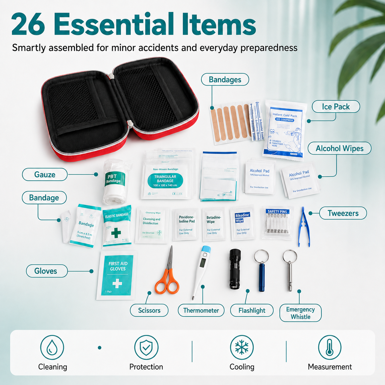 First Aid Kit: Portable Home Emergency Kit—Complete with Accessories | 26-Piece Set