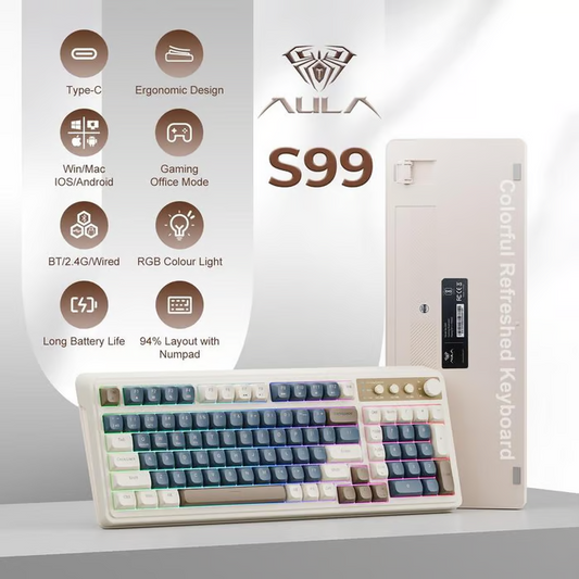 AULA S99 Key Keyboard, Tri-Mode Bluetooth/2.4GHz/USB-C Cute Creamy Gaming Keyboard with Number Pad RGB Backlit