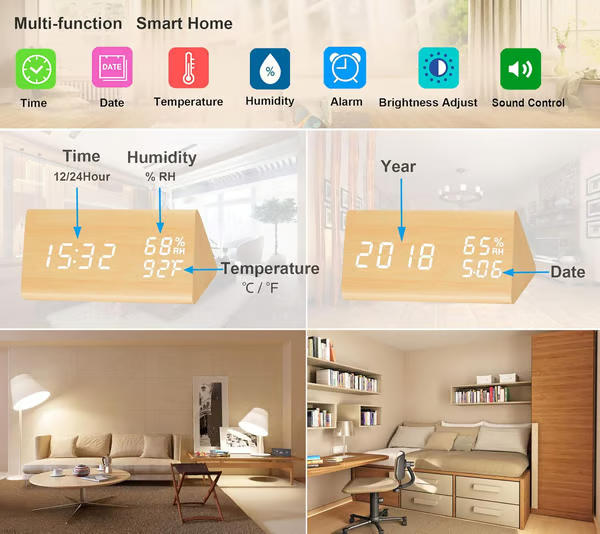 Wooden Alarm Clock WIth Temperature Humidity Sensor