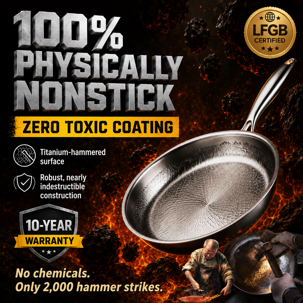 Hand-hammered, uncoated non-stick frying pan 🍳 [Scratch-resistant] Steel wool resistant. Metal spatula resistant.