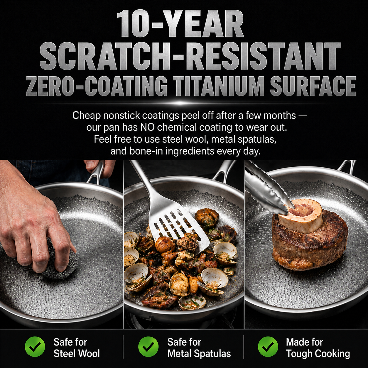 Hand-hammered, uncoated non-stick frying pan 🍳 [Scratch-resistant] Steel wool resistant. Metal spatula resistant.