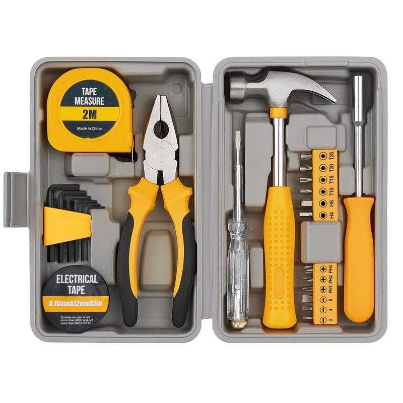 Portable 24-Piece Household Tool Kit – Storage Case Included, Hammer, Screwdriver, Pliers, Tape Measure & Bits for DIY Home Repairs