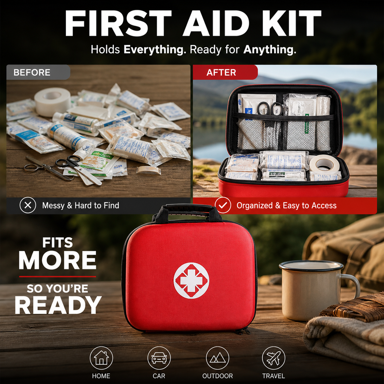 First Aid Kit: Portable Home Emergency Kit—Complete with Accessories | 26-Piece Set