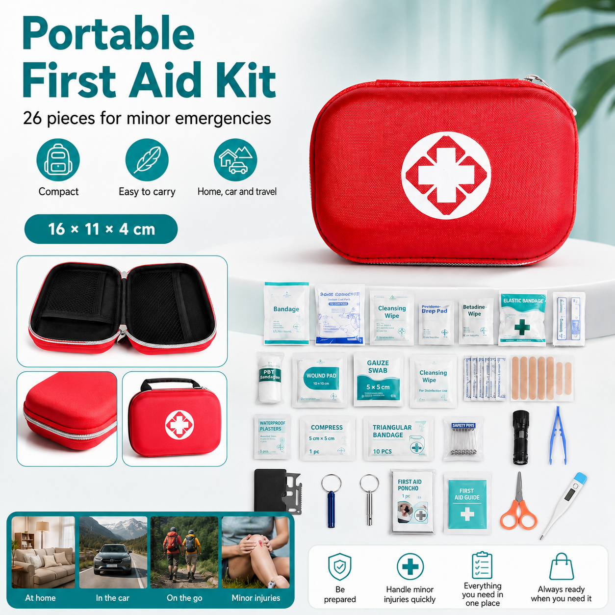 First Aid Kit: Portable Home Emergency Kit—Complete with Accessories | 26-Piece Set
