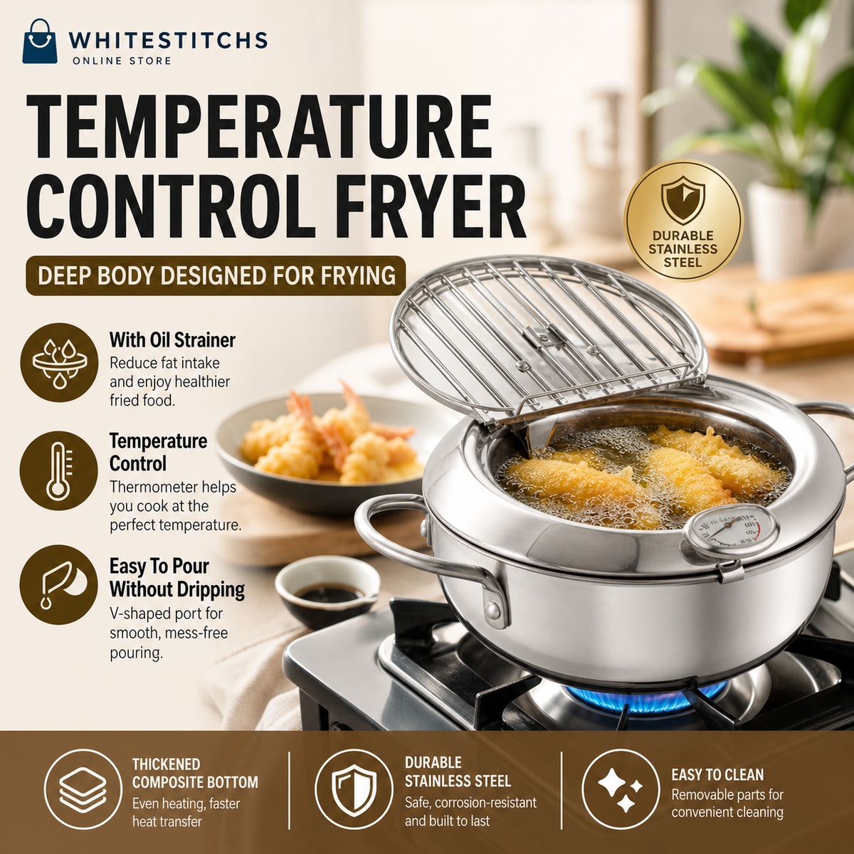 ⏳Time-Limited Special⏰Stainless Steel Tempura Fryer Pot – Thermometer, Drain Rack, Deep‑Body ✨