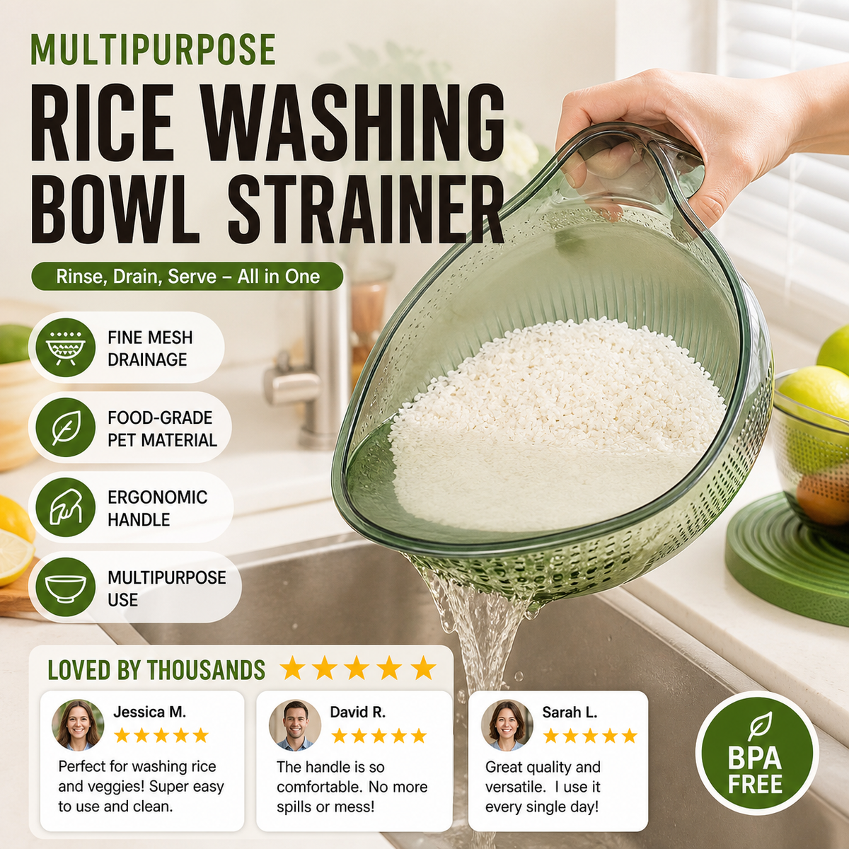 🍚 Wash Rice Without Losing a Grain – Fine Mesh Colander Bowl with Handle. UK Stock