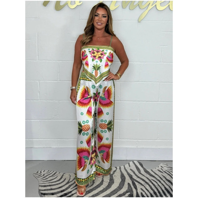 🔥New Arrival 50% OFF⚡50K+ SOLD!💝Spaghetti Strap Printed Top & Loose Women's Pants 2-Piece Set