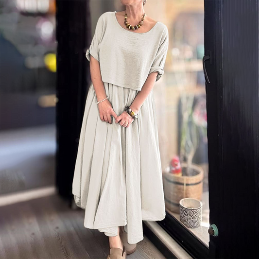💐✨Comfortable and elegant women's cotton and linen two-piece set with round neck blouse and skirt