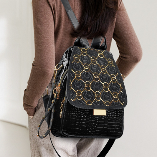 Women's Black Large Capacity Sparkling Rhinestone & Geometric Print Backpack