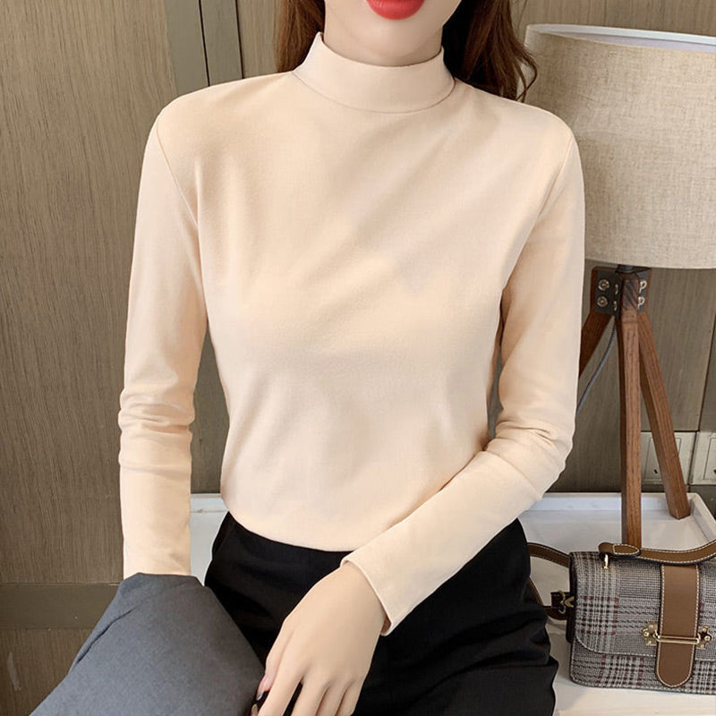 Women's Comfortable Solid Color Half High Neck Long Sleeve Top