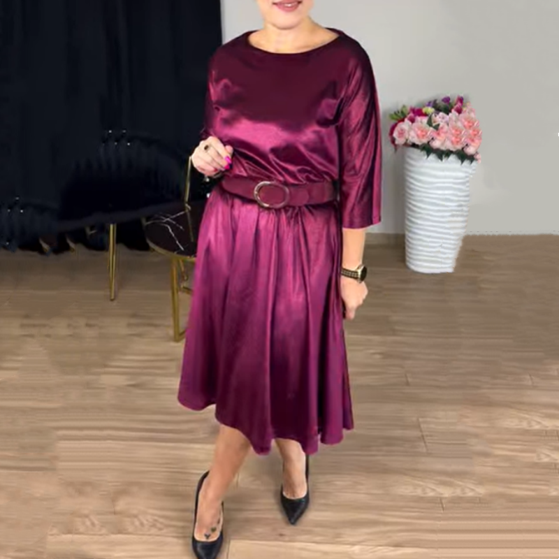 Women's 3/4 Sleeve Round-Neck Satin Midi Dress