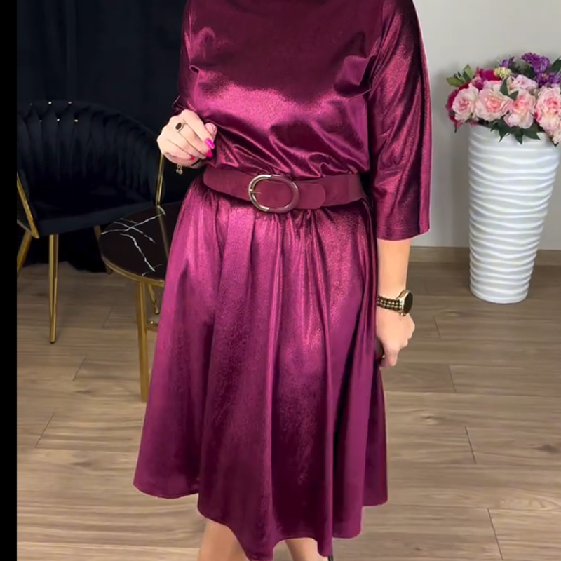 Women's 3/4 Sleeve Round-Neck Satin Midi Dress