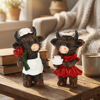 2PCS Adorable Highland Cow Couple Figurines