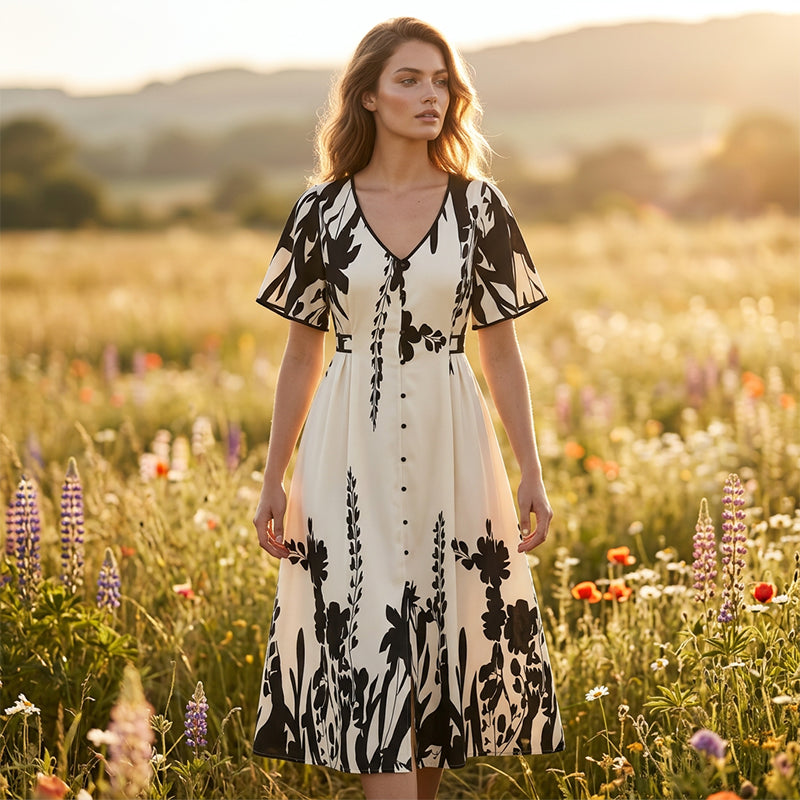 🎁New arrival 50% OFF💥Soft Botanical Print V-Neck Midi Dress – Elegant, Lightweight & All-Match