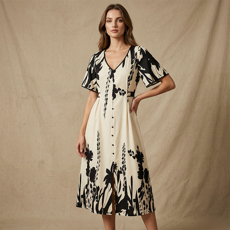 🎁New arrival 50% OFF💥Soft Botanical Print V-Neck Midi Dress – Elegant, Lightweight & All-Match