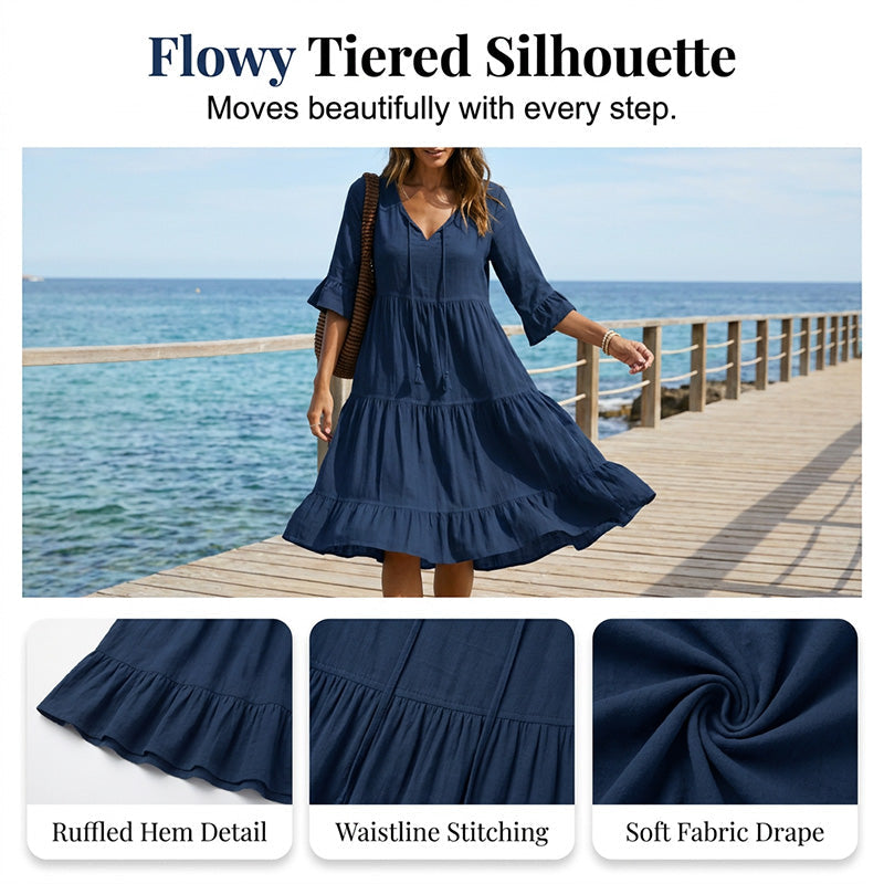 Women's V-Neck Tassel Tie Tiered Midi Dress