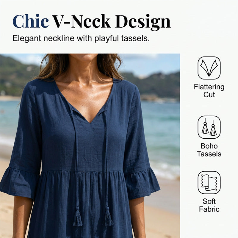 Women's V-Neck Tassel Tie Tiered Midi Dress