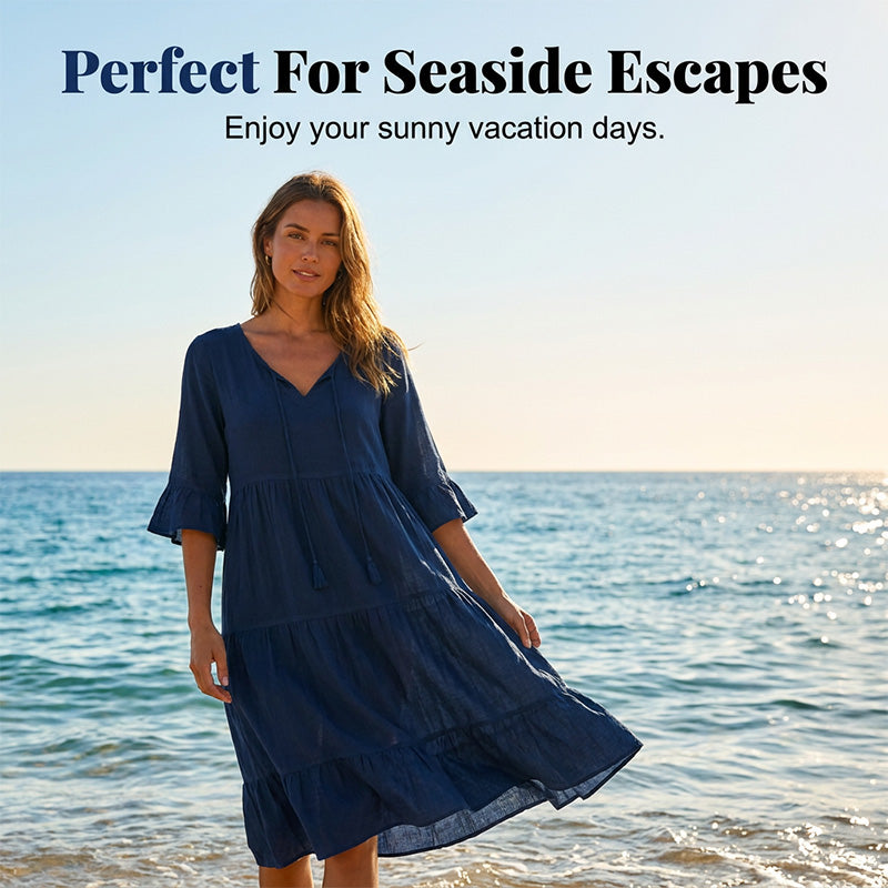 Women's V-Neck Tassel Tie Tiered Midi Dress