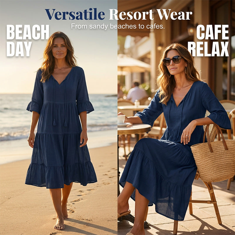 Women's V-Neck Tassel Tie Tiered Midi Dress