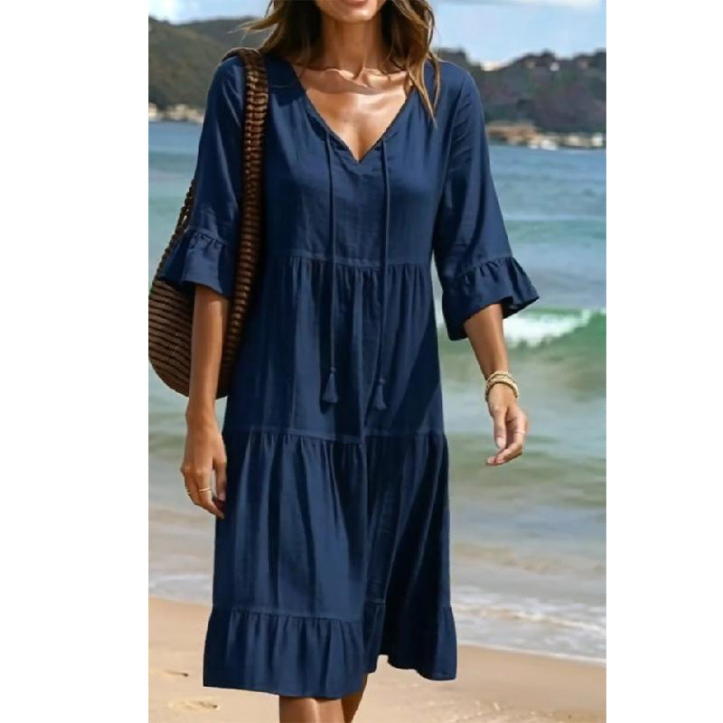 Women's V-Neck Tassel Tie Tiered Midi Dress