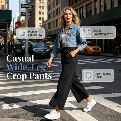Women's Casual Wide-Leg Crop Pants with Pockets