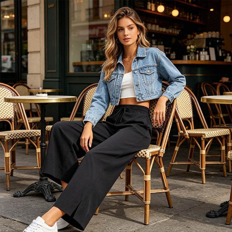 Women's Casual Wide-Leg Crop Pants with Pockets
