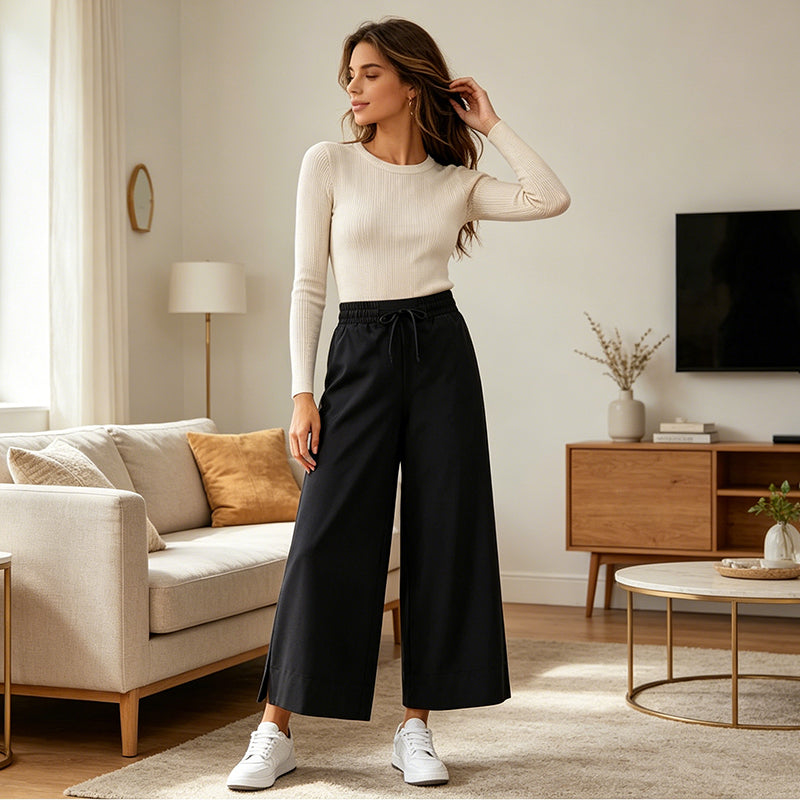 Women's Casual Wide-Leg Crop Pants with Pockets