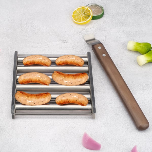 🔥Hot Sale Stainless Steel BBQ Hot Dog Rack with Wooden Handle