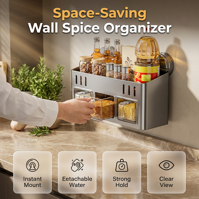 Punch-Free Kitchen Spice Rack Wall Mount Condiment Organizer