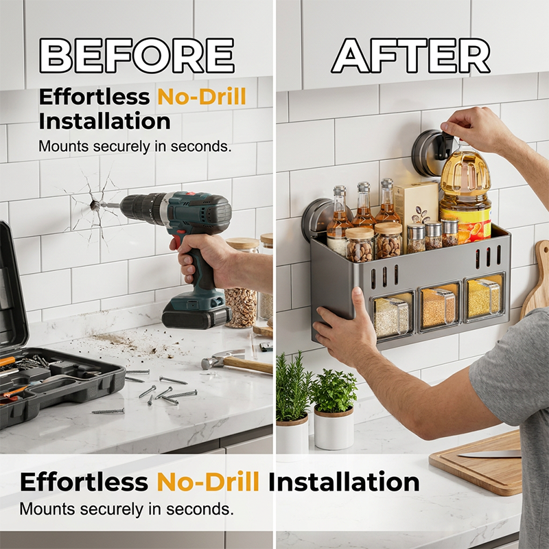 Punch-Free Kitchen Spice Rack Wall Mount Condiment Organizer