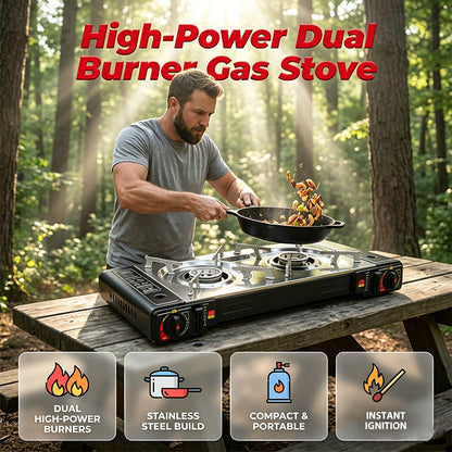 🔥 44% OFF NOW! 🍳 Portable Dual Burner Butane Stove – Lightweight & piezo ignition – Perfect for camping, tailgating or outdoor cooking – compact and easy to carry ⛺✨