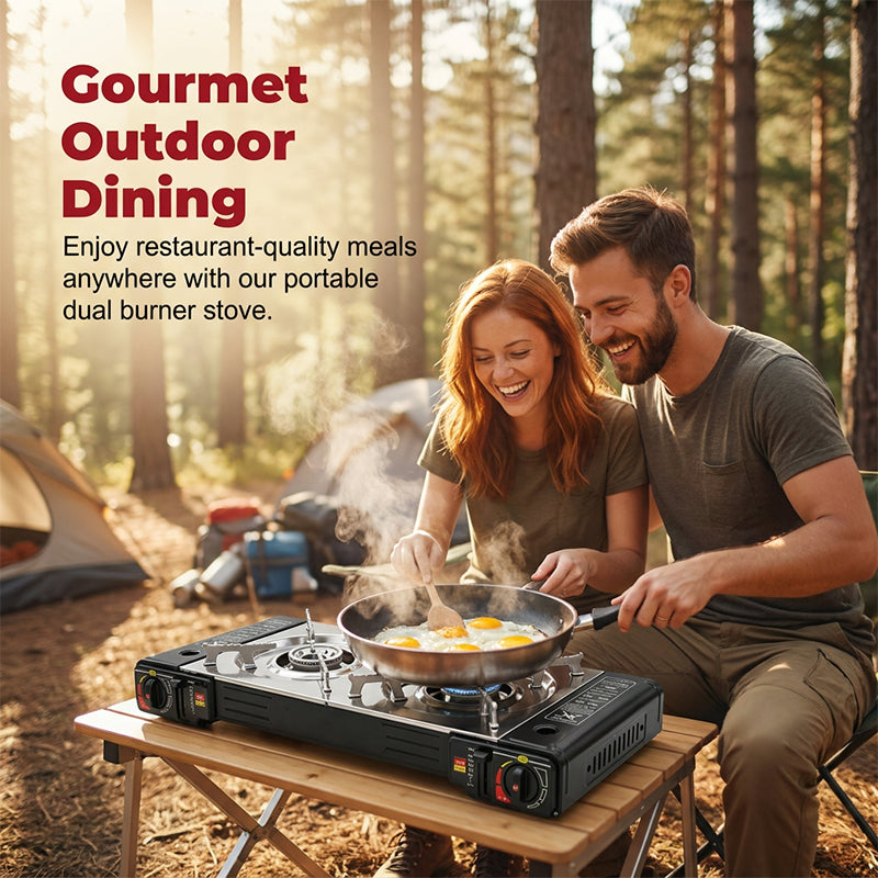 🔥 44% OFF NOW! 🍳 Portable Dual Burner Butane Stove – Lightweight & piezo ignition – Perfect for camping, tailgating or outdoor cooking – compact and easy to carry ⛺✨