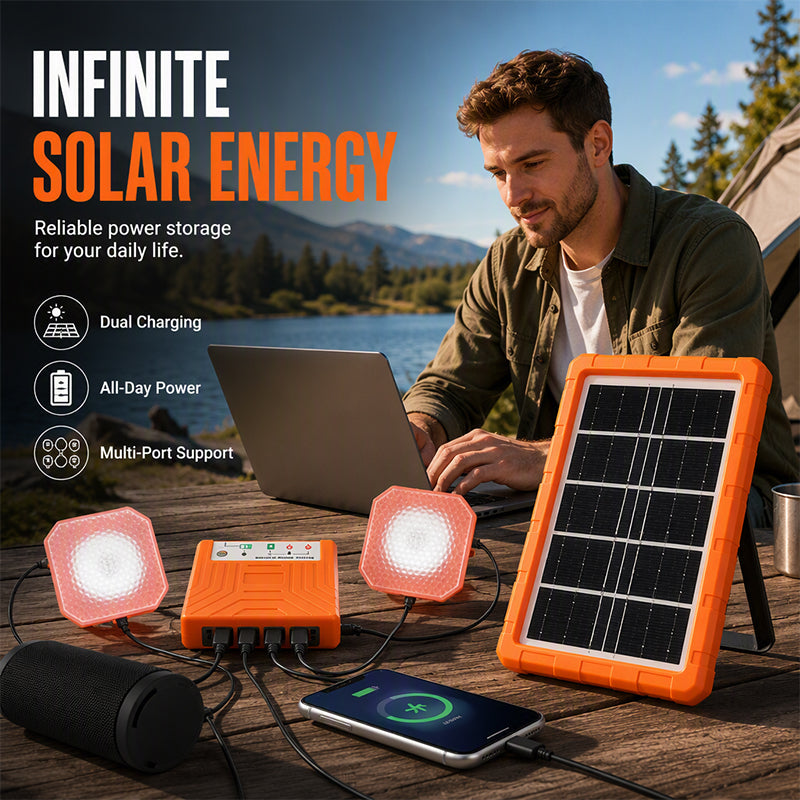 ☀️Portable Solar Power System – USB/Type-C Solar Generator with 2 LED Lights