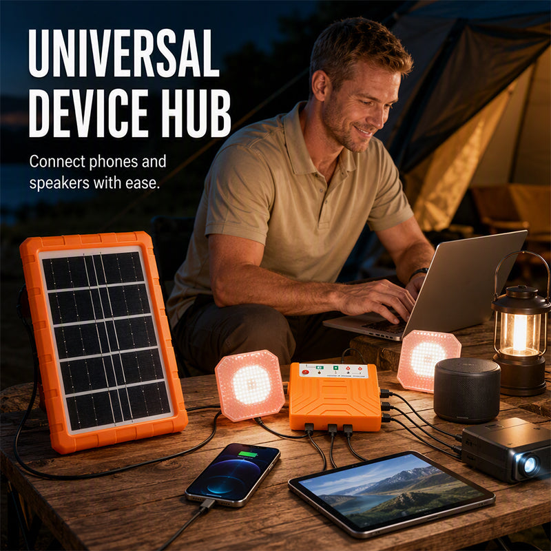 ☀️Portable Solar Power System – USB/Type-C Solar Generator with 2 LED Lights